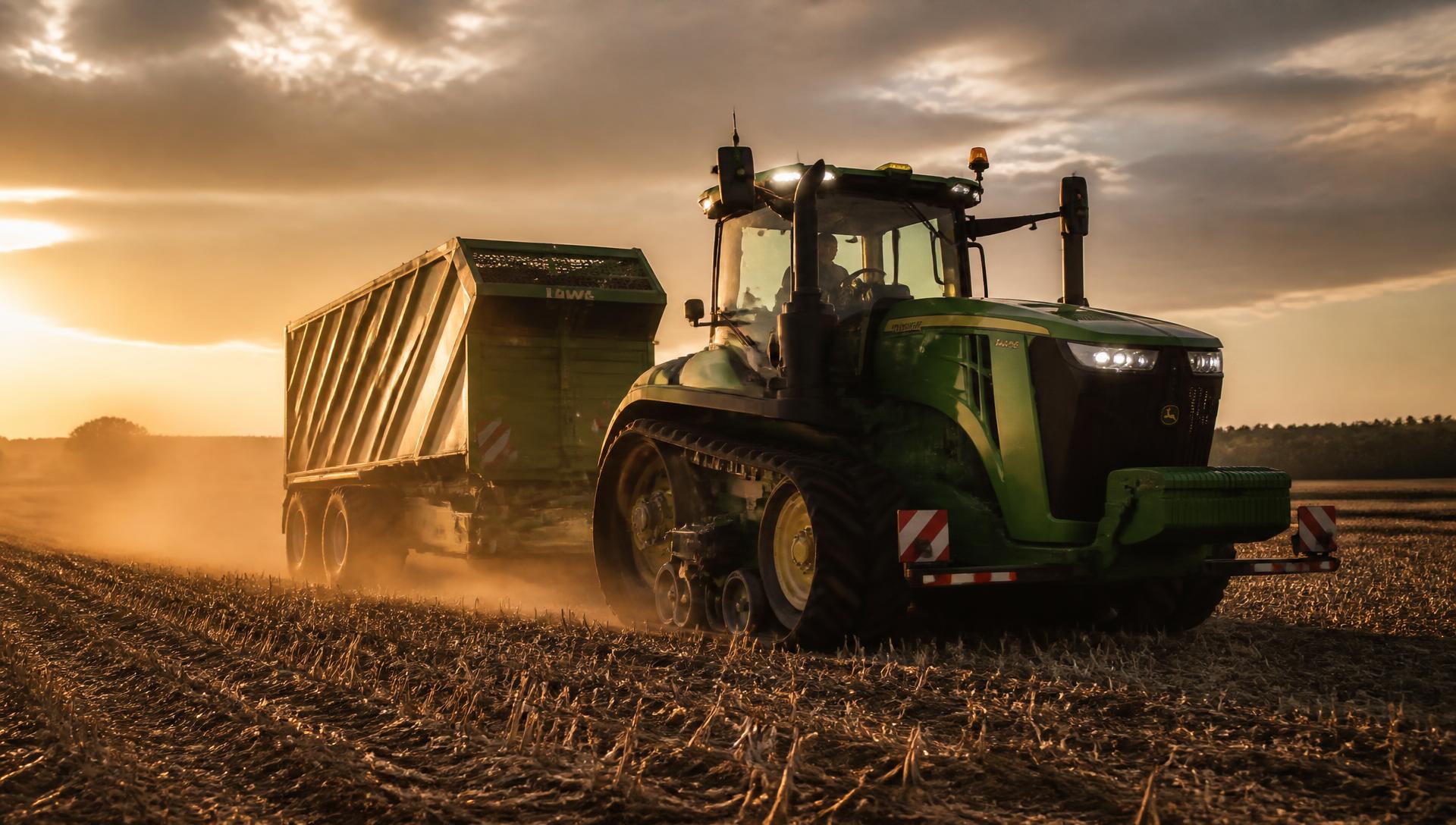 Trator agrícola puxando implemento em campo aberto ao entardecer