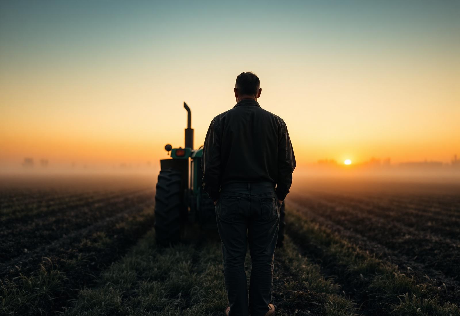 Produtor rural observando a lavoura ao lado do trator no início da manhã